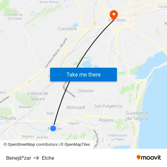 Benejãºzar to Elche map