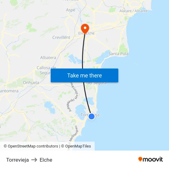 Torrevieja to Elche map