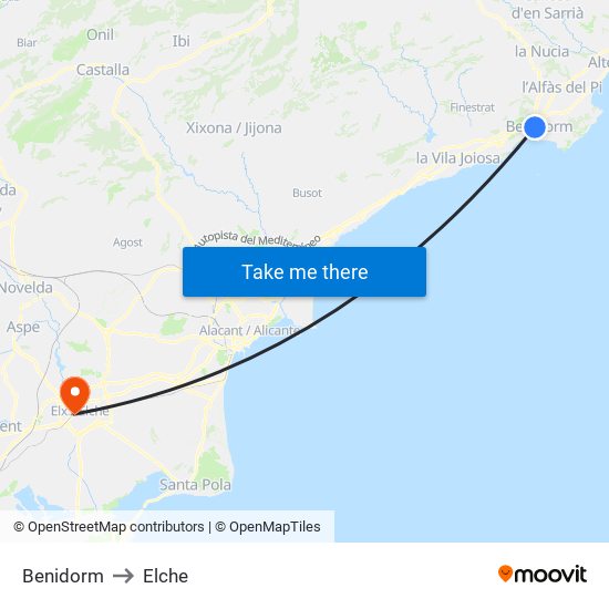 Benidorm to Elche map