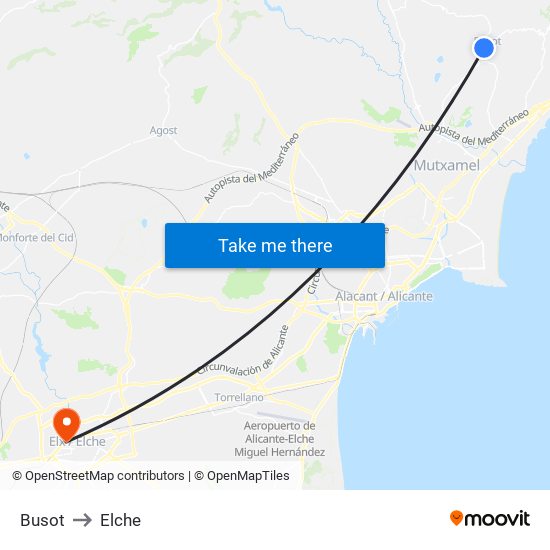 Busot to Elche map