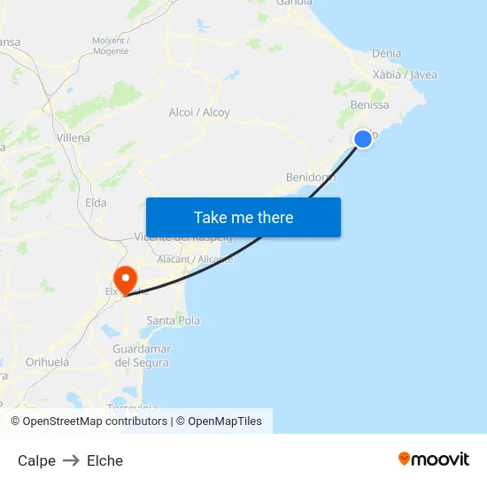 Calpe to Elche map