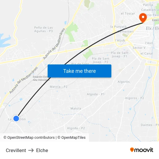 Crevillent to Elche map