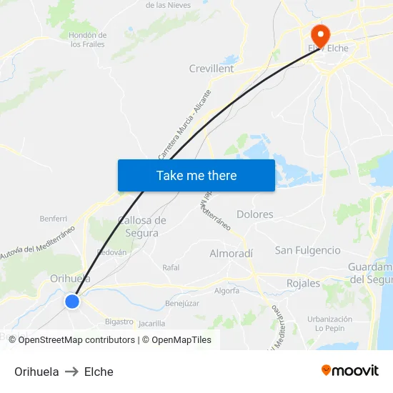 Orihuela to Elche map