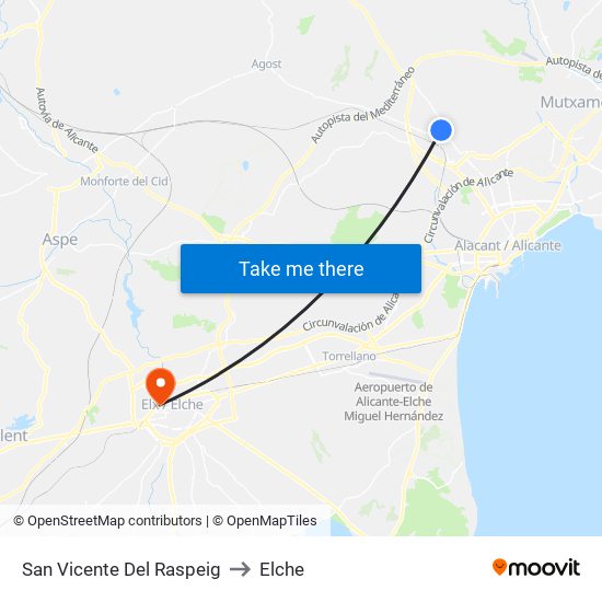 San Vicente Del Raspeig to Elche map