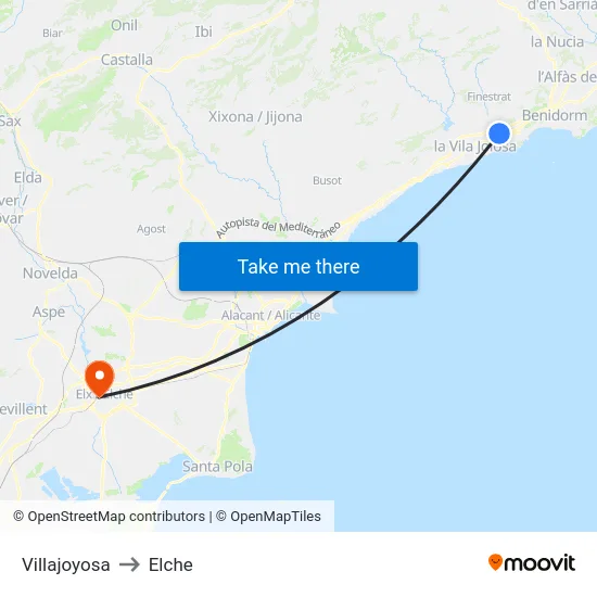 Villajoyosa to Elche map