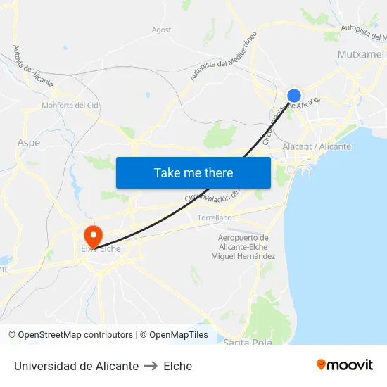 Universidad de Alicante to Elche map