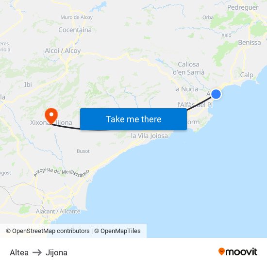 Altea to Jijona map