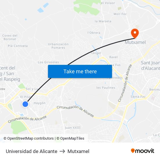 Universidad de Alicante to Mutxamel map