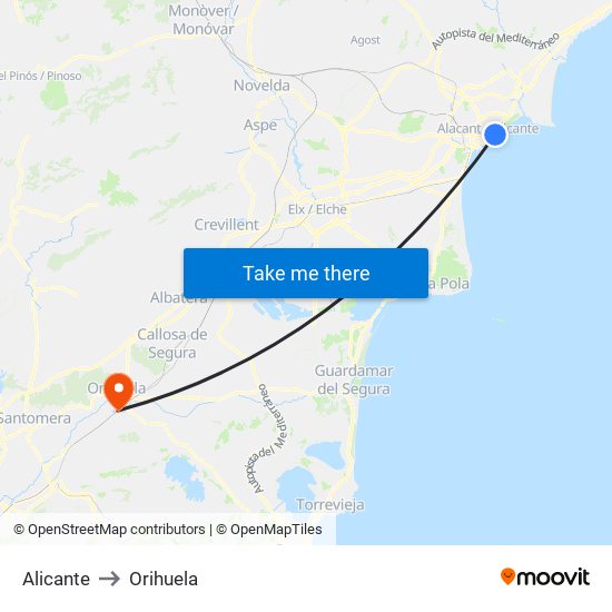 Alicante to Orihuela map