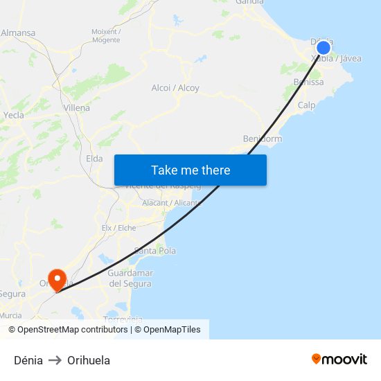 Dénia to Orihuela map