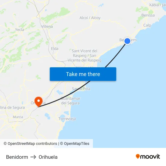 Benidorm to Orihuela map