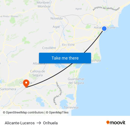 Alicante-Luceros to Orihuela map