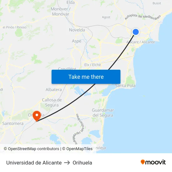 Universidad de Alicante to Orihuela map