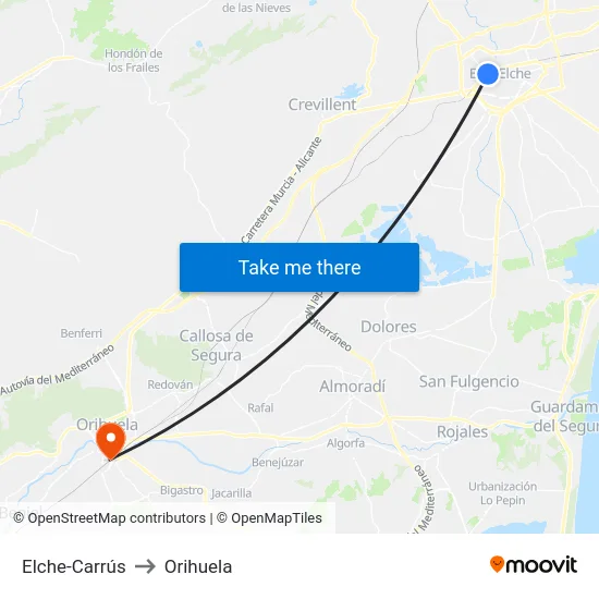 Elche-Carrús to Orihuela map