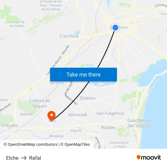 Elche to Rafal map