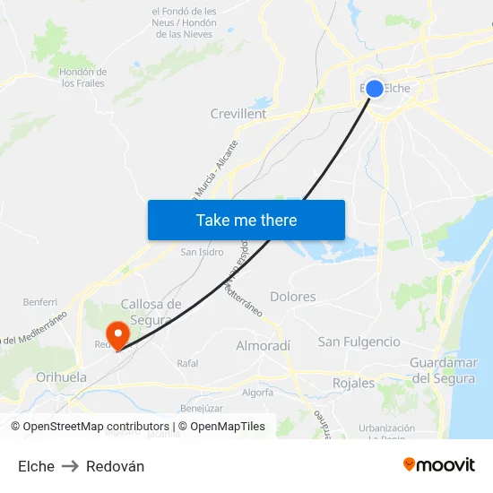 Elche to Redován map
