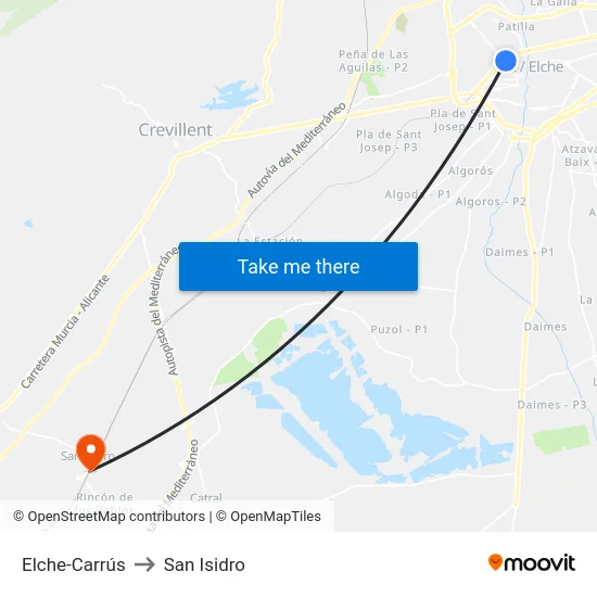 Elche-Carrús to San Isidro map