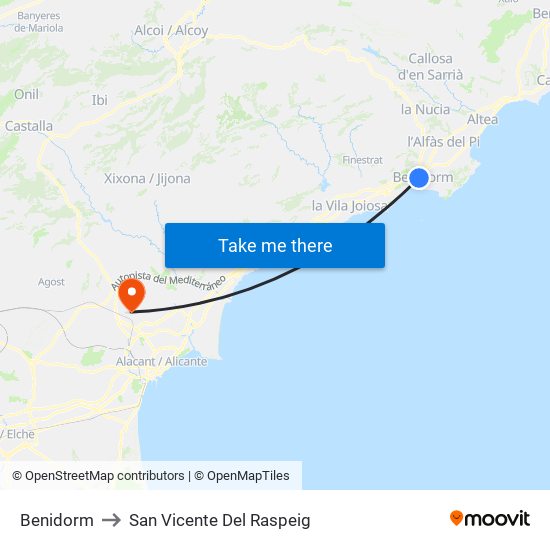 Benidorm to San Vicente Del Raspeig map