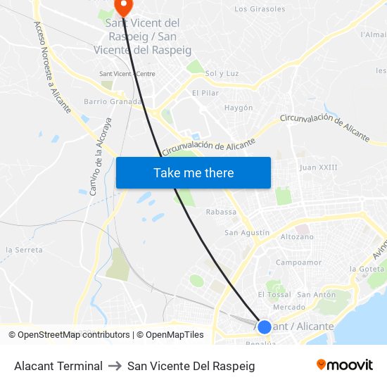 Alacant Terminal to San Vicente Del Raspeig map