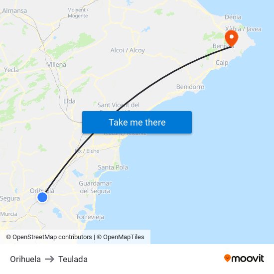 Orihuela to Teulada map