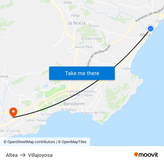 Altea to Villajoyosa map