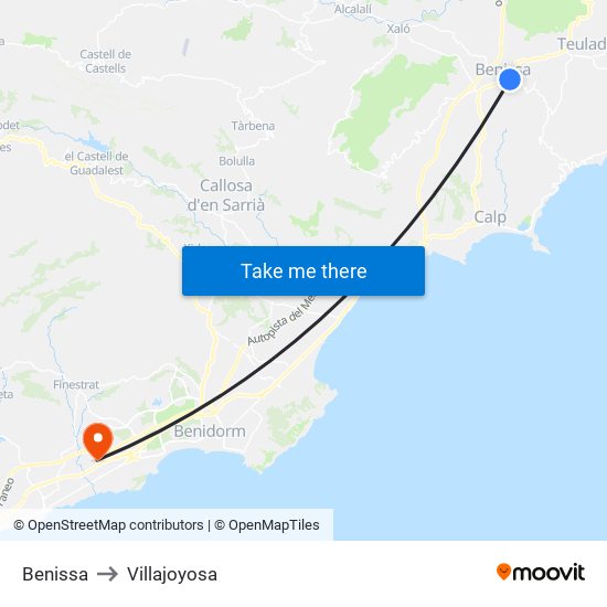 Benissa to Villajoyosa map