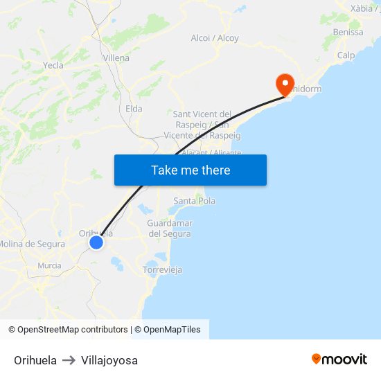 Orihuela to Villajoyosa map