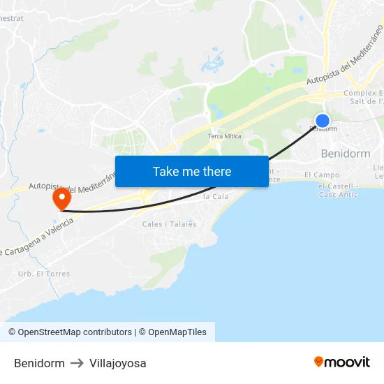 Benidorm to Villajoyosa map