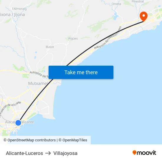 Alicante-Luceros to Villajoyosa map