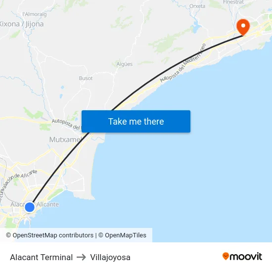 Alacant Terminal to Villajoyosa map