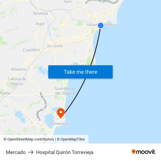 Mercado to Hospital Quirón Torrevieja map