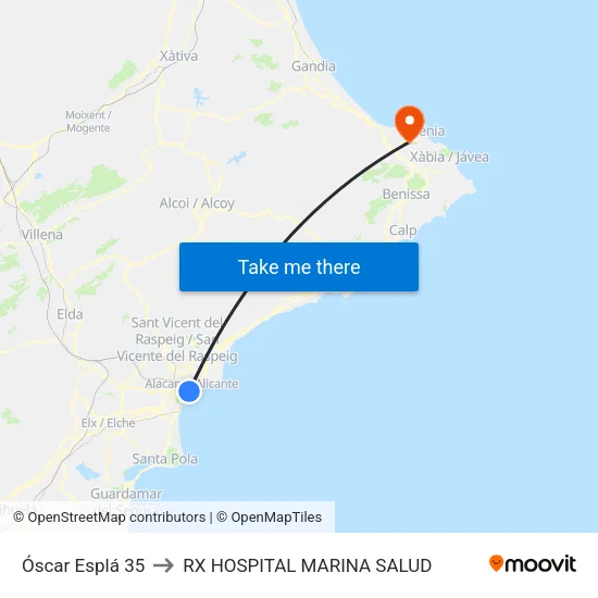 Óscar Esplá 35 to RX HOSPITAL MARINA SALUD map