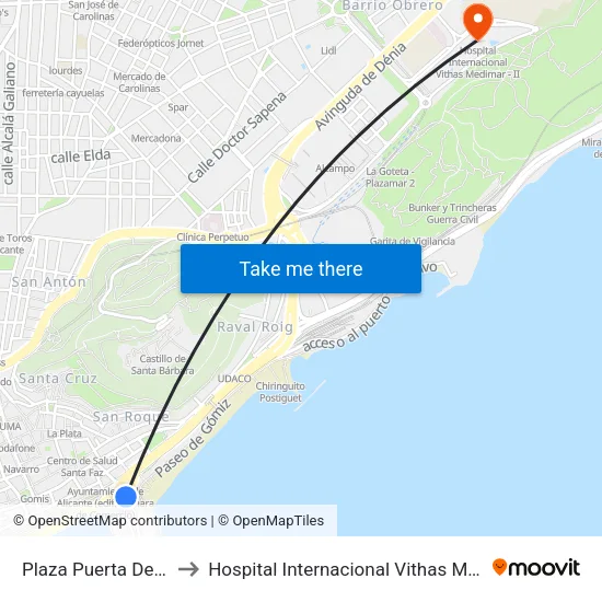 Plaza Puerta Del Mar I to Hospital Internacional Vithas Medimar - II map