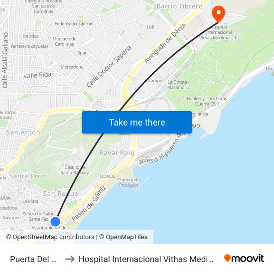 Puerta Del Mar to Hospital Internacional Vithas Medimar - II map