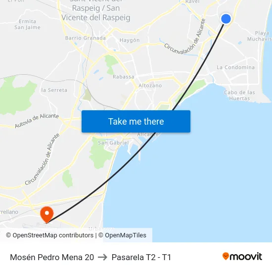 Mosén Pedro Mena 20 to Pasarela T2 - T1 map
