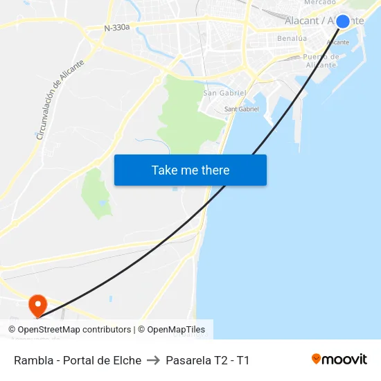 Rambla - Portal de Elche to Pasarela T2 - T1 map
