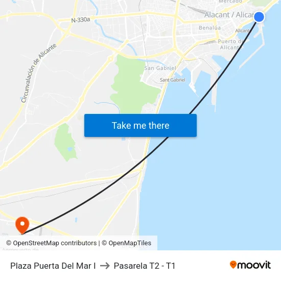 Plaza Puerta Del Mar I to Pasarela T2 - T1 map
