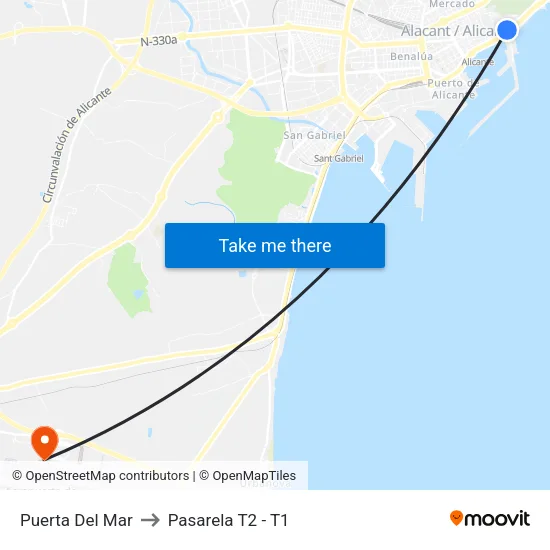 Puerta Del Mar to Pasarela T2 - T1 map