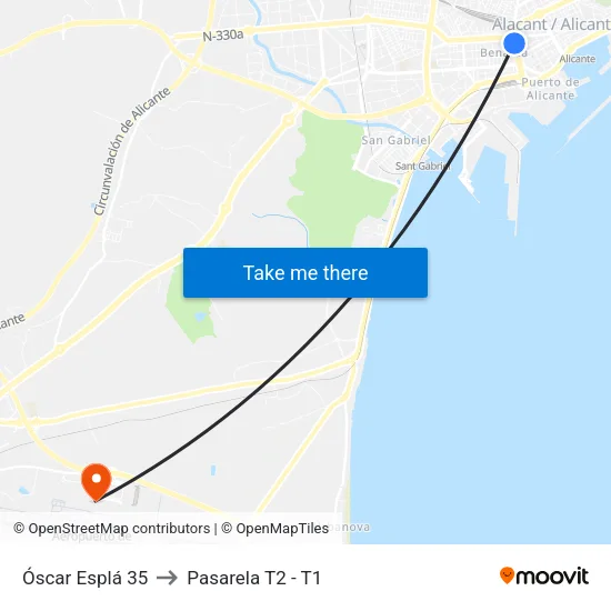 Óscar Esplá 35 to Pasarela T2 - T1 map