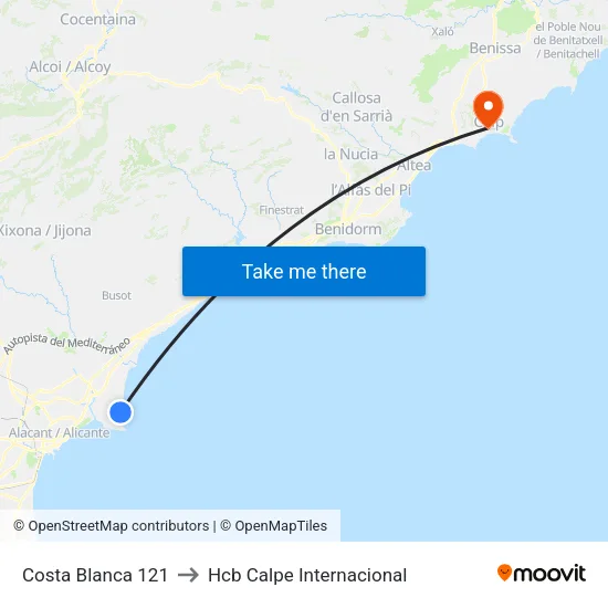 Costa Blanca 121 to Hcb Calpe Internacional map