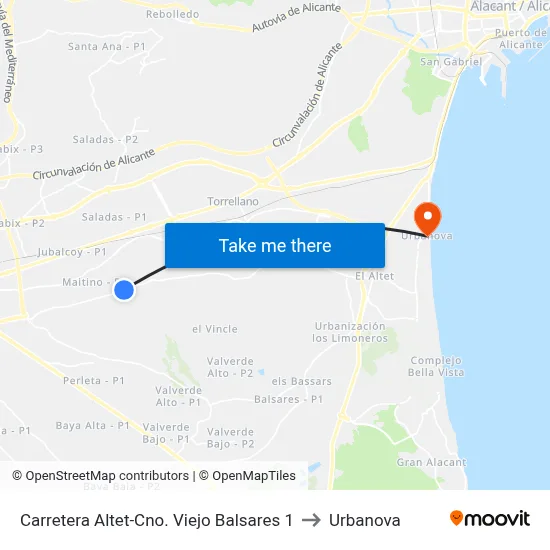 Carretera Altet-Cno. Viejo Balsares 1 to Urbanova map