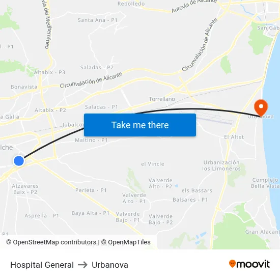 Hospital General to Urbanova map