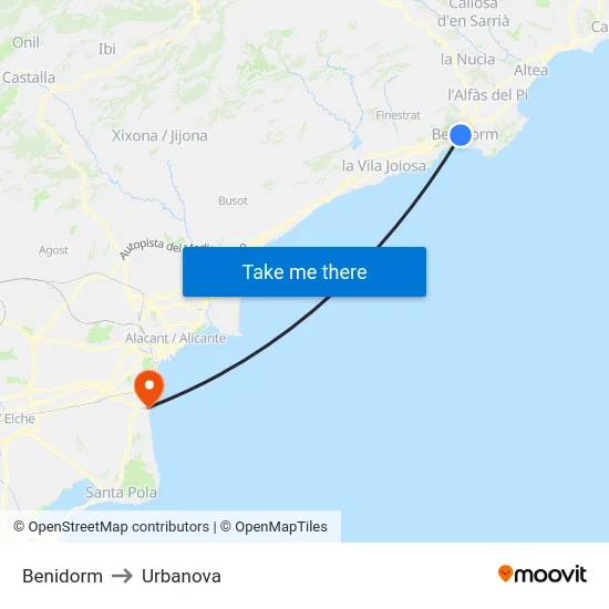 Benidorm to Urbanova map