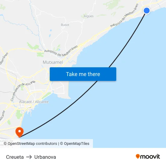 Creueta to Urbanova map