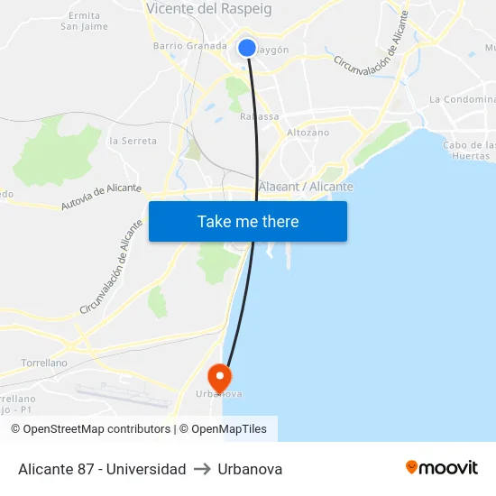 Alicante 87 - Universidad to Urbanova map