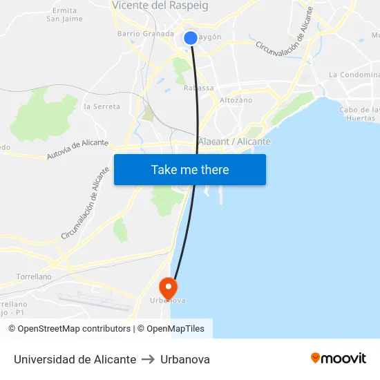Universidad de Alicante to Urbanova map