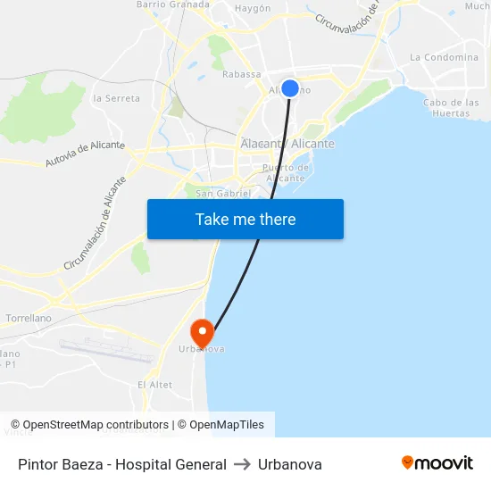 Pintor Baeza - Hospital General to Urbanova map