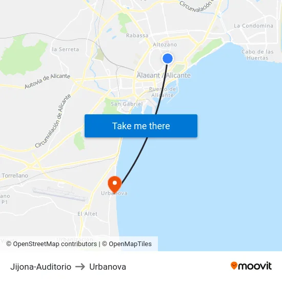 Jijona-Auditorio to Urbanova map