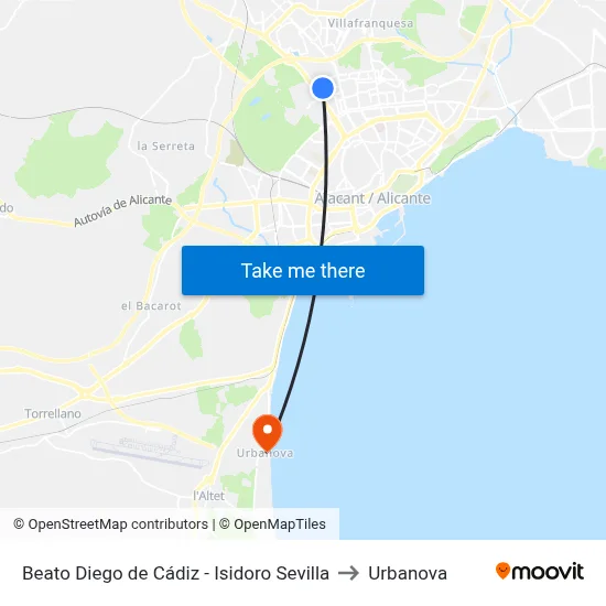 Beato Diego de Cádiz - Isidoro Sevilla to Urbanova map