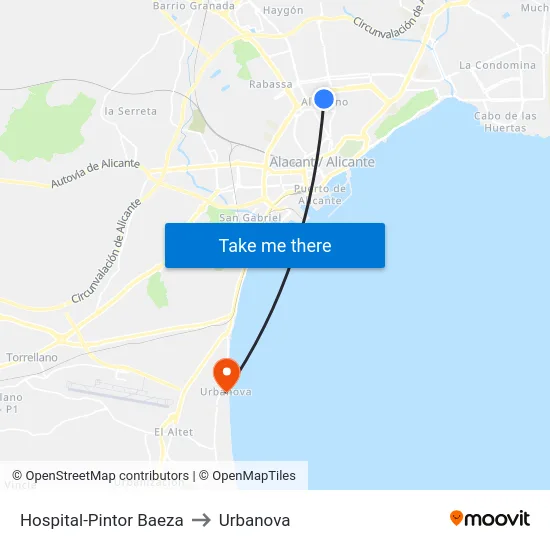 Hospital-Pintor Baeza to Urbanova map